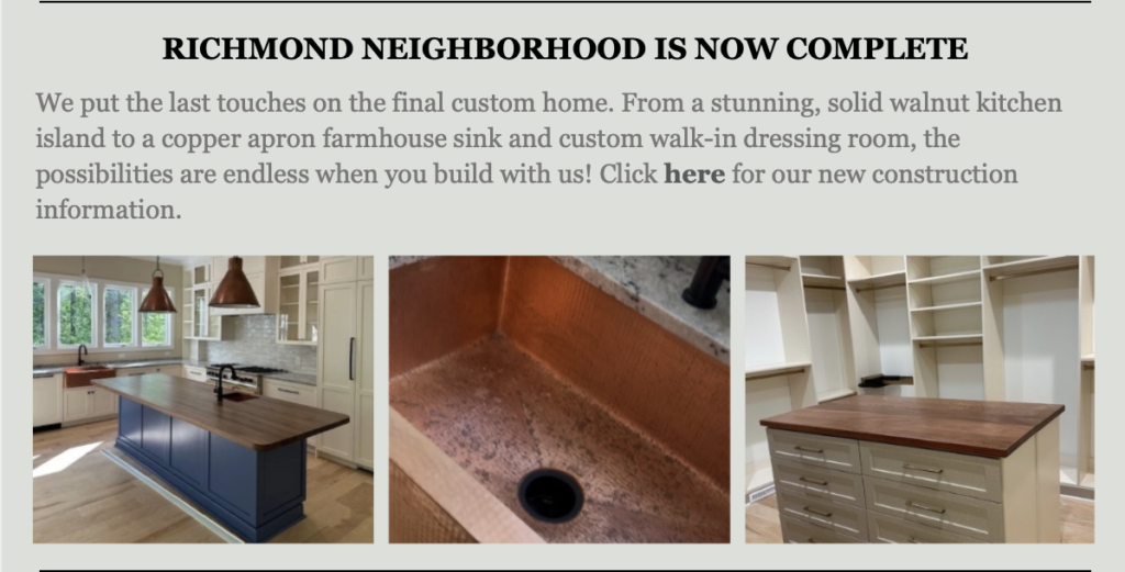 Three images show a modern kitchen with a blue island, a copper farmhouse sink, and a walk-in closet with a wooden-topped island, highlighting features of a completed custom home. Fearrington Village
